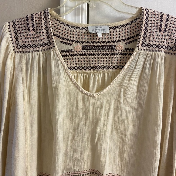 Lucky Brand gauzy peasant v neck blouse cream embroidered linen blend Medium - Picture 4 of 8